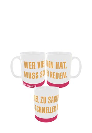 Three white mugs with orange German text, red bottom band, and "Ralf Schmitz" signature on one mug.