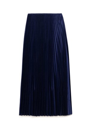 Navy pleated midi skirt made from lightweight fabric with a smooth texture, featuring evenly spaced vertical folds and an elastic waistband.