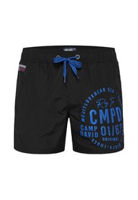 Čierne plavky s elastickým pásom na šnúrku a modrou grafickou potlačou s textom "CMPD", "CAMP DAVID" a "Stredozemné more".