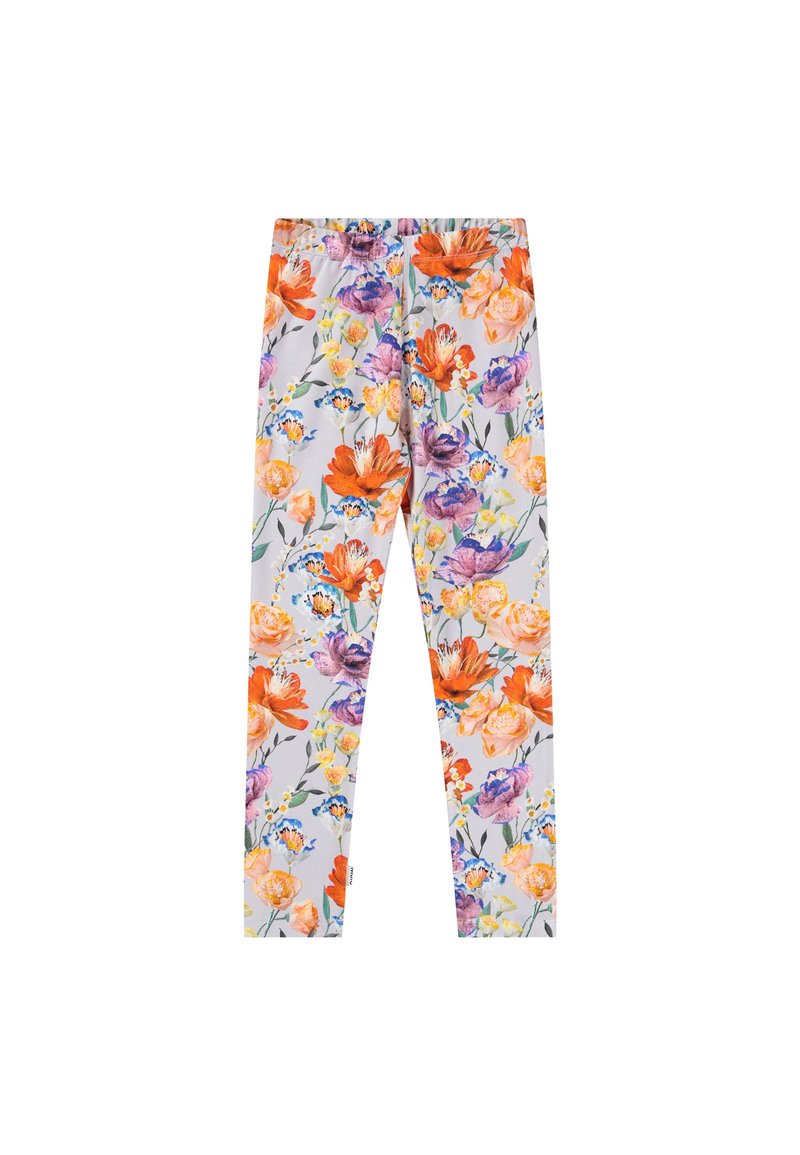 Leggings floraux avec un fond bleu clair, présentant un motif coloré de fleurs oranges, violettes et roses, taille élastique et coupe slim.