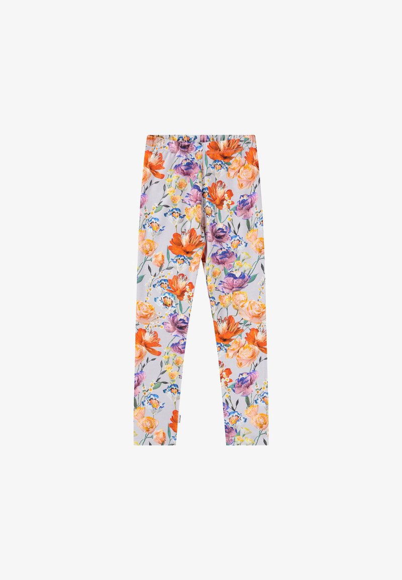 Virágmintás leggings világoskék háttérrel, élénk narancssárga, lila és rózsaszín virágmintázattal, rugalmas derékpánttal és slim fit szabással.