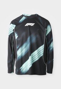 Langsleeve shirt van zwarte stof met turquoise abstracte strepen, voorzien van een witte F1-logo in het midden en contrasterende piping langs de naden.