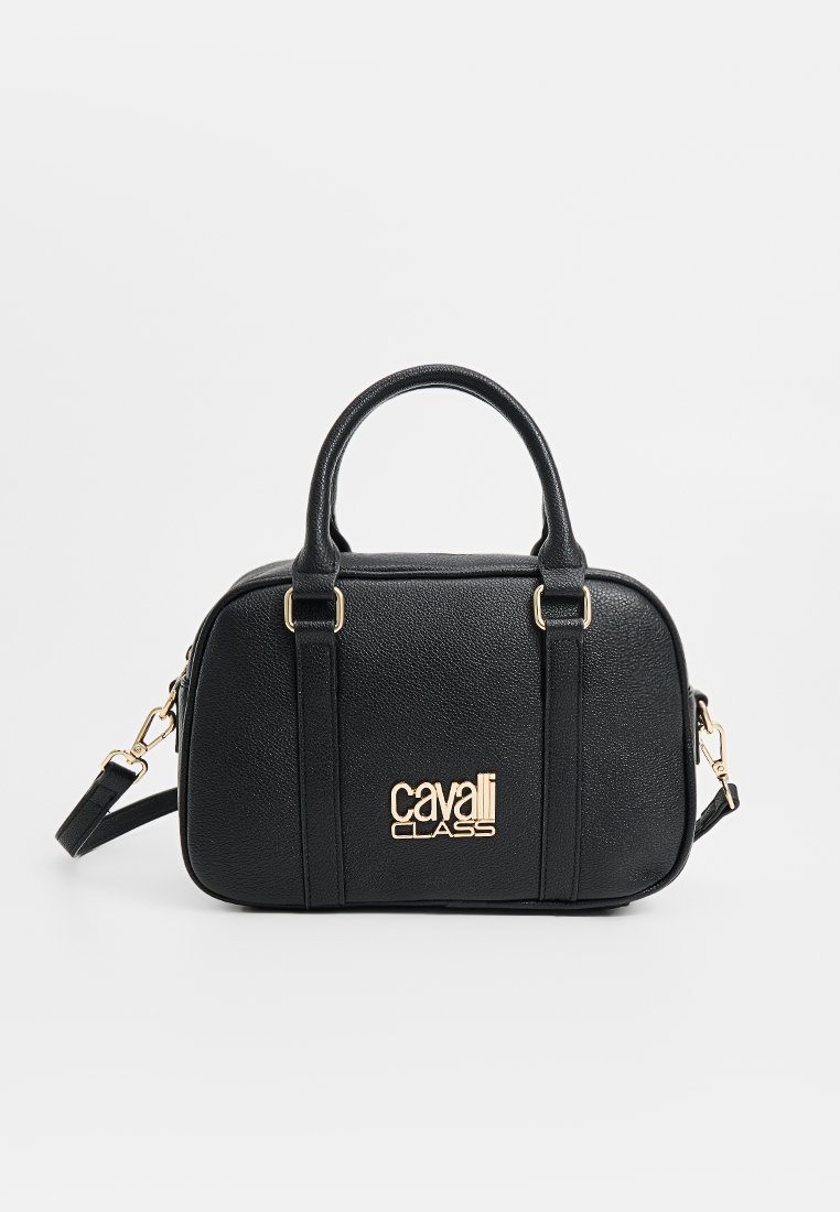 Sac à main noir texturé avec quincaillerie dorée, double anses supérieures, bandoulière amovible et logo de marque bien visible à l'avant.