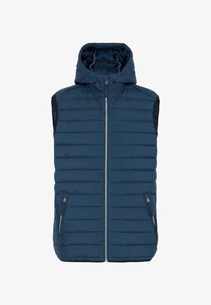 Padded sleeveless vest w kolorze ciemnoniebieskim, z zamkiem z przodu, kapturem oraz dwoma bocznymi kieszeniami na zamek. Po całej powierzchni znajduje się poziomy wzór przeszyć.