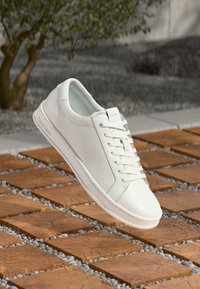 Bijele kožne tenisice Calvin Klein s vezicama odlažu se na drvene kvadratne ploče i male kamenčiće na otvorenom pored drveta.
