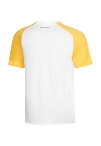 Korte mouwen sportshirt met gele raglanmouwen, witte body, mesh-textuur en logo op de achterkant van de nek.