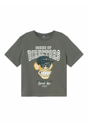 Grijze katoenen t-shirt met een ronde hals. Bevat een grafische afbeelding van een cartoonaap met een zonnebril en een pet, met de tekst "BORED OF DIRECTORS" en "GOOD VIBES ONLY."