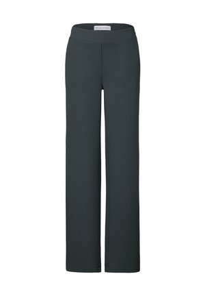Pantaloni larghi grigio scuro realizzati in un tessuto morbido e elasticizzato, dotati di una vita elastica e senza tasche o decorazioni visibili.