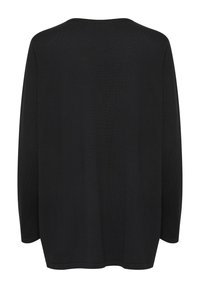 Črno dolgimi rokavi zgornji del s krožnim izrezom, mehkega tekstila in sproščenim krojem, z spušenimi rameni in enostavnim dizajnom hrbta.