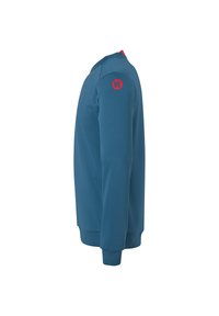 Sweatshirt bleu avec un col rond, des manches longues, des poignets côtelés et une accent rouge à l'arrière. Présente un logo sur l'épaule gauche.