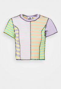 Cropped t-shirt featuring multicolor horizontal stripes in pink, yellow, green, and lavender, with contrasting black stitching along the seams.