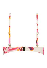 Bralette colorato con motivo nei toni del rosa, arancione e bianco, dotato di spalline regolabili e una chiusura in metallo sul retro.