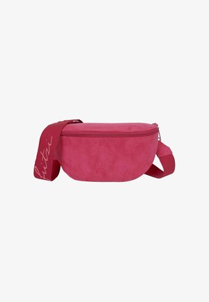 Pink suede fanny pack with a zippered closure, flat shape, and a wide fabric strap featuring text accents; smooth texture.