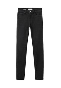 Jean slim noir avec cinq poches, passants pour ceinture et fermeture par bouton à la taille, présenté sur un fond blanc.