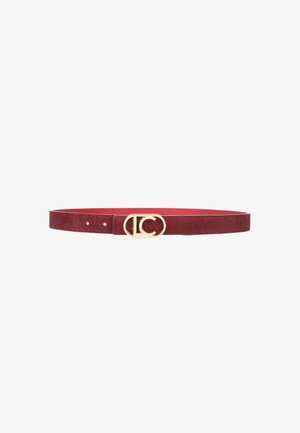Red leather belt with a textured finish and a gold-tone oval buckle featuring the initials "C" and "L." Two adjustable holes.