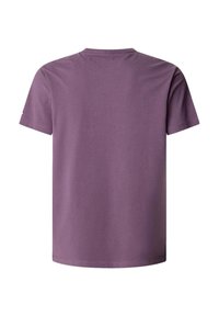 Kortærmet T-shirt i en ensfarvet lavendel nuance, lavet af blødt stof med rund halsudskæring og rene, hæftede kanter. Set fra bagsiden.