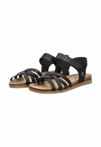 Schwarze Leder-Sandalen mit mehreren kreuzförmigen Riemen, verstellbarem Knöchelriemen, Korksohle und flacher Form. Hat minimale Verzierungen.