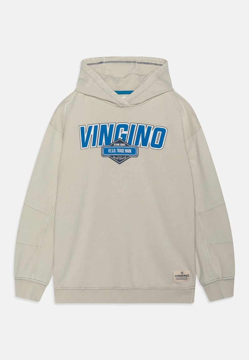 Sweat à capuche couleur crème avec logo "VINGINO" bleu. Comprend des poignets et un ourlet côtelés, ainsi qu'une étiquette en bas à gauche. Matière en coton.