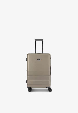 Piccola valigia rigida beige con quattro ruote girevoli e manico telescopico esteso, vista frontale su sfondo bianco.