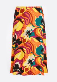 Falda floral hecha de una tela con un patrón vibrante. Presenta colores vivos que incluyen naranja, amarillo, rosa y verde. Forma en A, hasta larodilla.