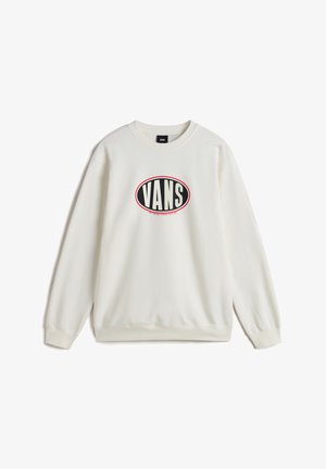 Witte sweatshirt met een groot zwart en rood "VANS" logo in een ovale vorm op de voorkant. Gemaakt van zacht materiaal met geribbelde manchetten.