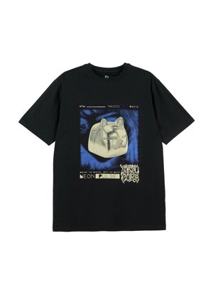 Czarny t-shirt z krótkim rękawem z metaliczną grafiką głowy kota, niebieskim abstrakcyjnym tłem i tekstem "Neon Pulse" oraz "Tokyo Core".