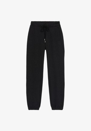 Pantalones de chándal negros de algodón con cintura elástica, cordón y bolsillos laterales. Diseño de tobillo ajustado con un acabado texturizado.