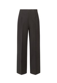 Pantalon noir à jambes larges en tissu lisse. Présente une taille haute avec des plis et un design sans ornements. Forme rectangulaire.