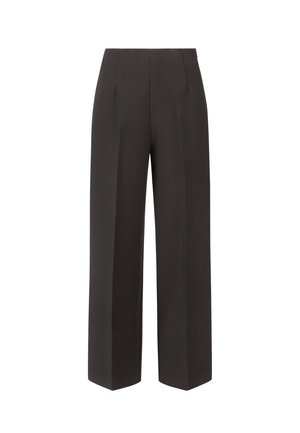 Zwarte wijde broeken gemaakt van een gladde stof. Kenmerkt zich door een hoge taille met plooien en een onbeweeglijk ontwerp. Rechthoekige vorm.