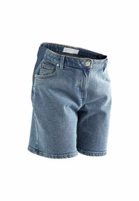 Shorts en denim avec un lavage bleu, comportant cinq poches, une braguette boutonnée et une coupe légèrement ample. Taille haute extensible pour le confort.