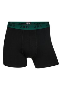 Zwarte katoenen boxershorts met een groene elastische tailleband waarop "JBS" in het zwart is gedrukt. Gladde textuur met een aansluitende pasvorm en geen extra patronen.