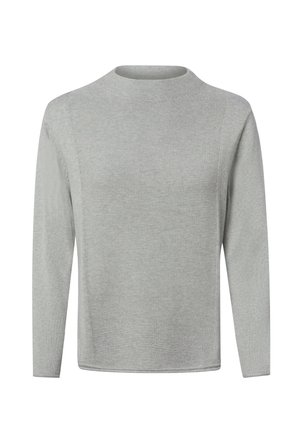 Light grey long-sleeve sweater with textured knit pattern and round neckline, shown on a white background.