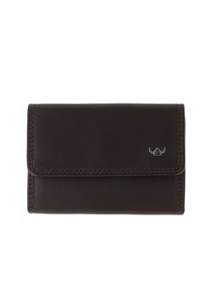 Compact dark brown leather wallet with a flap closure and small silver logo on the lower right corner.