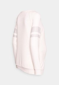 Sweatshirt branco com gola redonda, mangas raglan e duas riscas prateadas horizontais em cada manga. Textura suave e um corte descontraído.