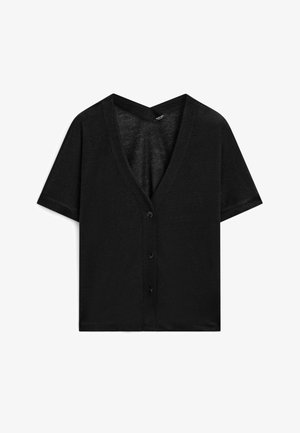 Sort kortærmet cardigan med V-hals, der har fem knaplukninger foran og en blød, let tekstur.