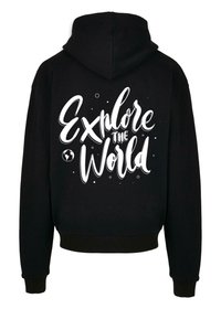 Svart hoodie med vit text som säger "Utforska Världen", prydd med små dekorativa prickar. Mjukt material med ribbade muddar.