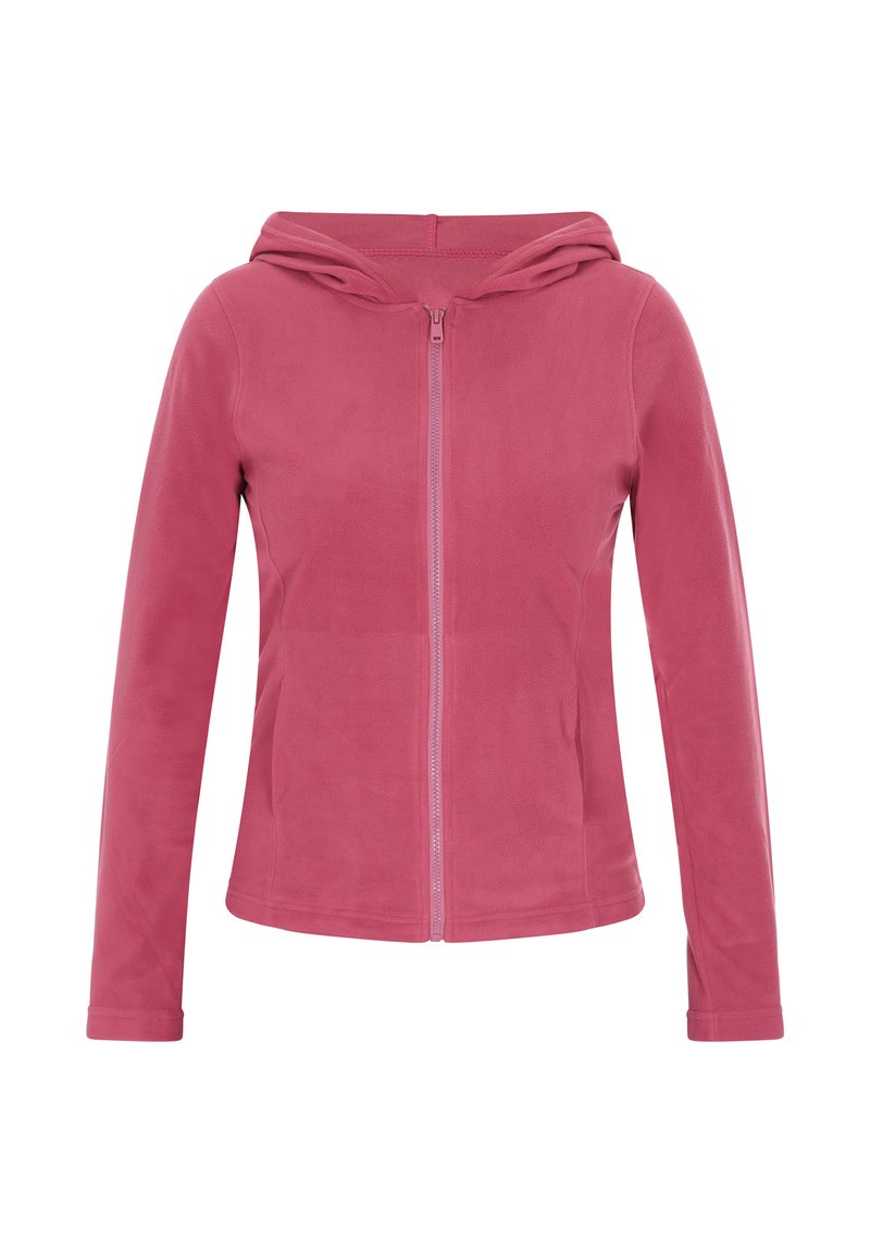 Rosa Fleece-Hoodie mit durchgehendem Reißverschluss, langen Ärmeln und weicher Textur. Verfügt über eine kapuzenumgebende Form und keine sichtbaren Muster oder Akzente.