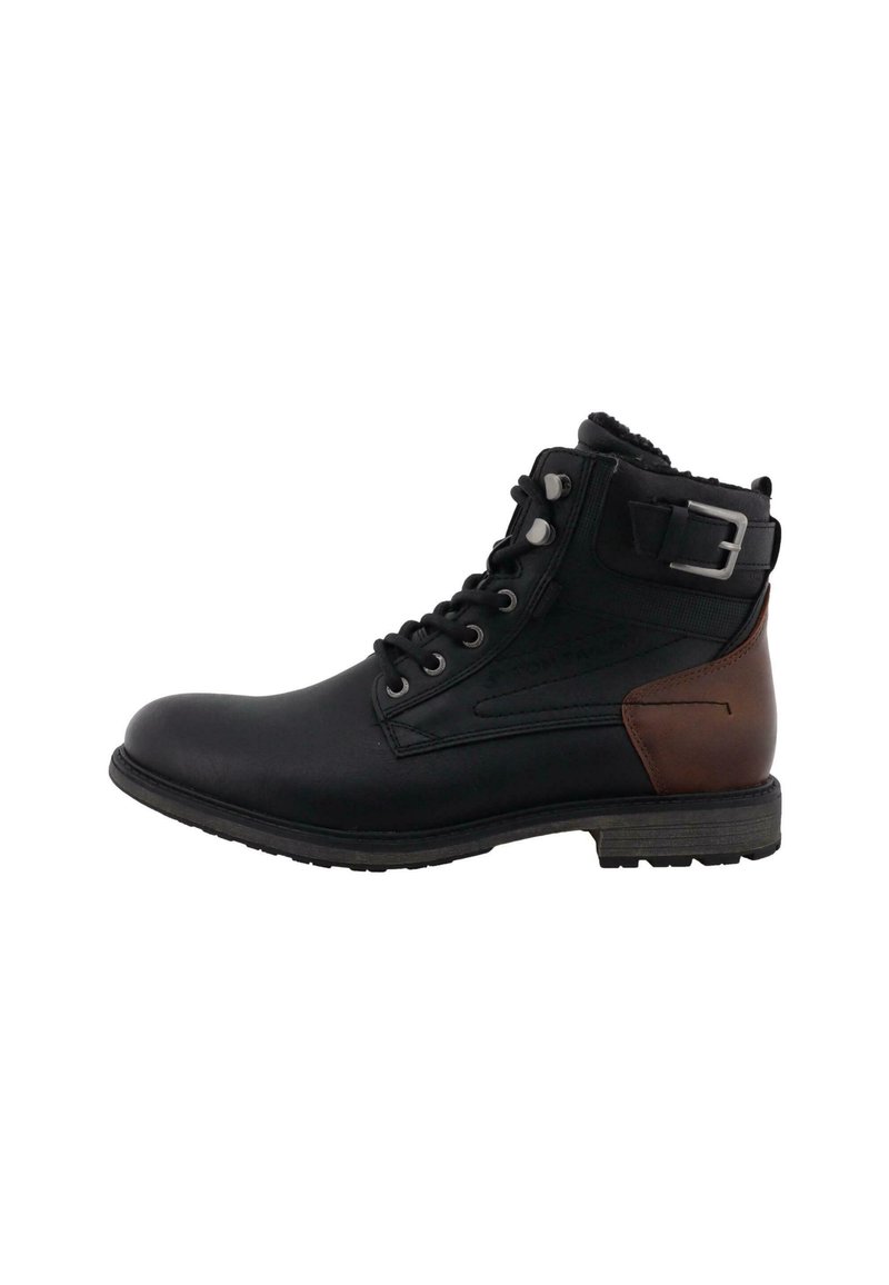 Schwarze Leder-Stiefelette mit braunem Lederakzent, runde Zehenpartie, Schnürdesign und seitlichem Schnallen-Detail. Texturiertes Profil für besseren Grip.