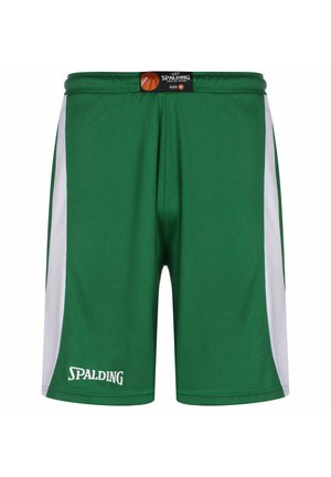 Green basketball shorts with white side panels, made of breathable fabric. Features a drawstring waistband and Spalding logo on the front.