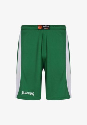 Groene basketbalschoenen met witte zijpanelen, gemaakt van ademend materiaal. Bevat een tailleband met trekkoord en het Spalding-logo aan de voorkant.