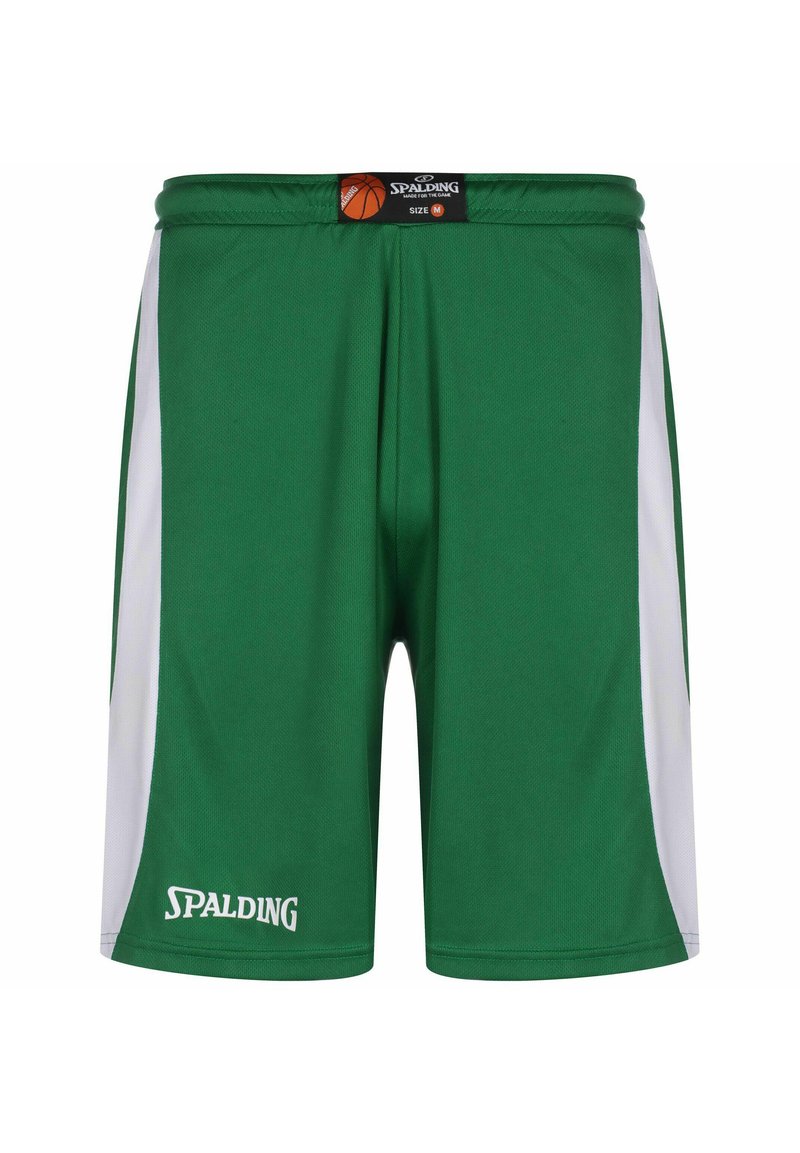 Grüne Basketballshorts mit weißen Seitenpaneelen, aus atmungsaktivem Stoff gefertigt. Verfügt über einen Kordelzugbund und ein Spalding-Logo auf der Vorderseite.