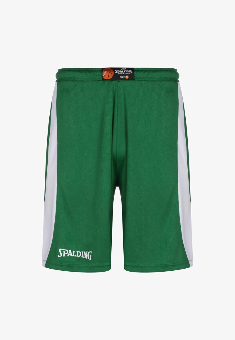 Grüne Basketballshorts mit weißen Seitenpaneelen, aus atmungsaktivem Stoff gefertigt. Verfügt über einen Kordelzugbund und ein Spalding-Logo auf der Vorderseite.