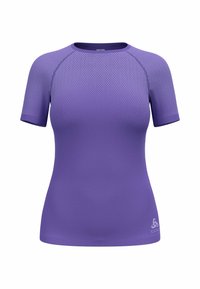 Purple athletic shirt with short sleeves, textured mesh design, and smooth fabric. Features a round neckline and logo on the hem.