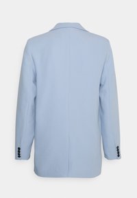 Light blue blazer with a notched collar, long sleeves, and three black buttons on each cuff. Smooth texture and tailored design.
