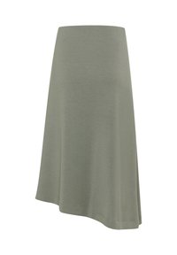 Grüner A-Linien-Rock aus weichem Stoff mit leicht asymmetrischem Saum und einem einfachen, schlichten Design.