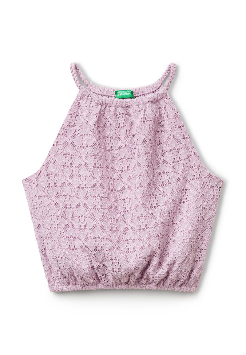 Top corto de encaje en rosa claro con textura estampada, tirantes trenzados ajustables y dobladillo elástico fruncido. Etiqueta de la marca en verde adjunta.