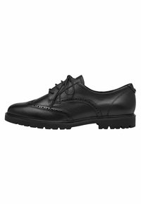 Scarpa in pelle nera con design brogue, punta rotonda, chiusura con lacci e suola in gomma texturizzata per una buona presa. Silhouette minimalista e strutturata.