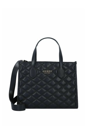 Bolso de mano sintético acolchado negro con asas superiores dobles, correa de hombro desmontable y detalle de logo en relieve en la parte frontal.