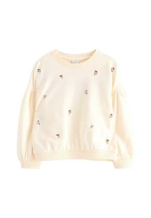 Helle gelbe Sweatshirt mit gestickten Blumenmustern. Verfügt über einen gerippten Halsausschnitt und elastische Bündchen, mit Ballonärmel und einem schmalen Taillenbund.