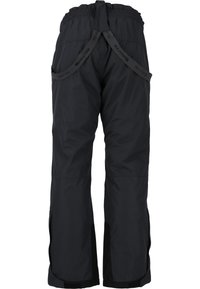 Zwarte waterdichte sneeuwbroek met verstelbare taille, elastische banden, zijzakken en versterkte onderranden. Gladde textuur en taps toelopende pijpen.